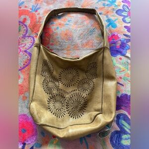 Elegant light olive / tan Leather Hobo Bag